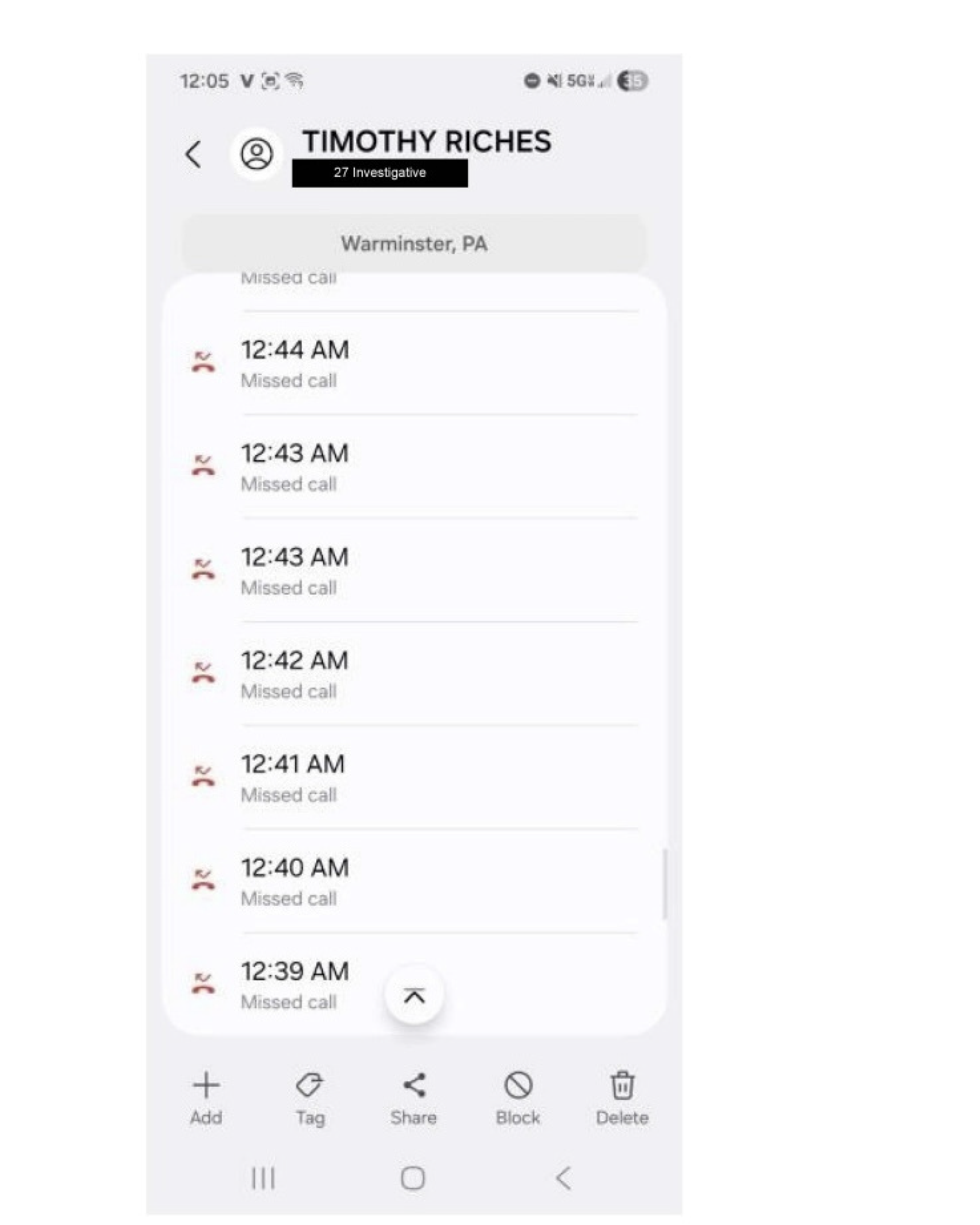Phone screen showing missed calls from Timothy Riches