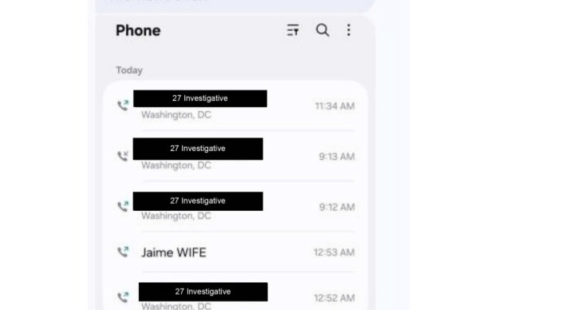 JLR call log showing calls to Washington DC and Jaime WIFE at 12:52-12:53 AM