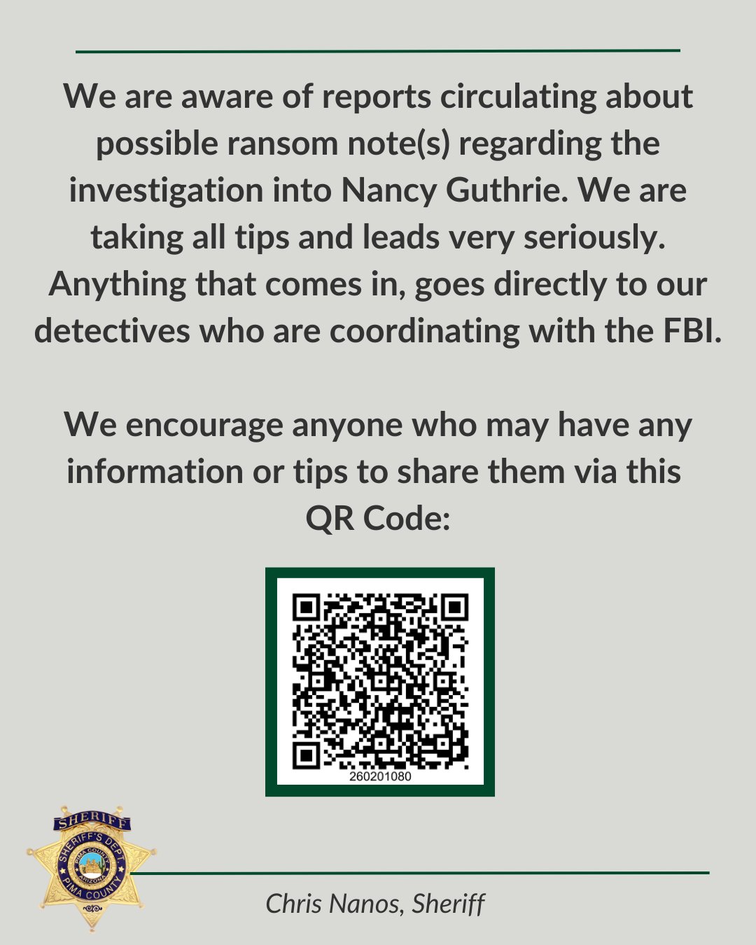 Pima Co. Sheriff confirms knowledge of alleged ransom letter.