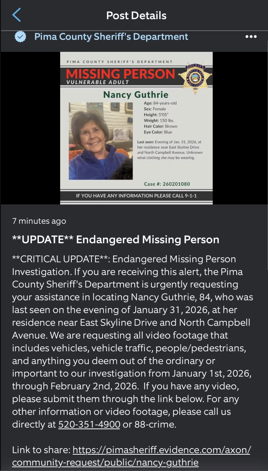 Pima County Sheriff's Dept. asks the public for video footage.