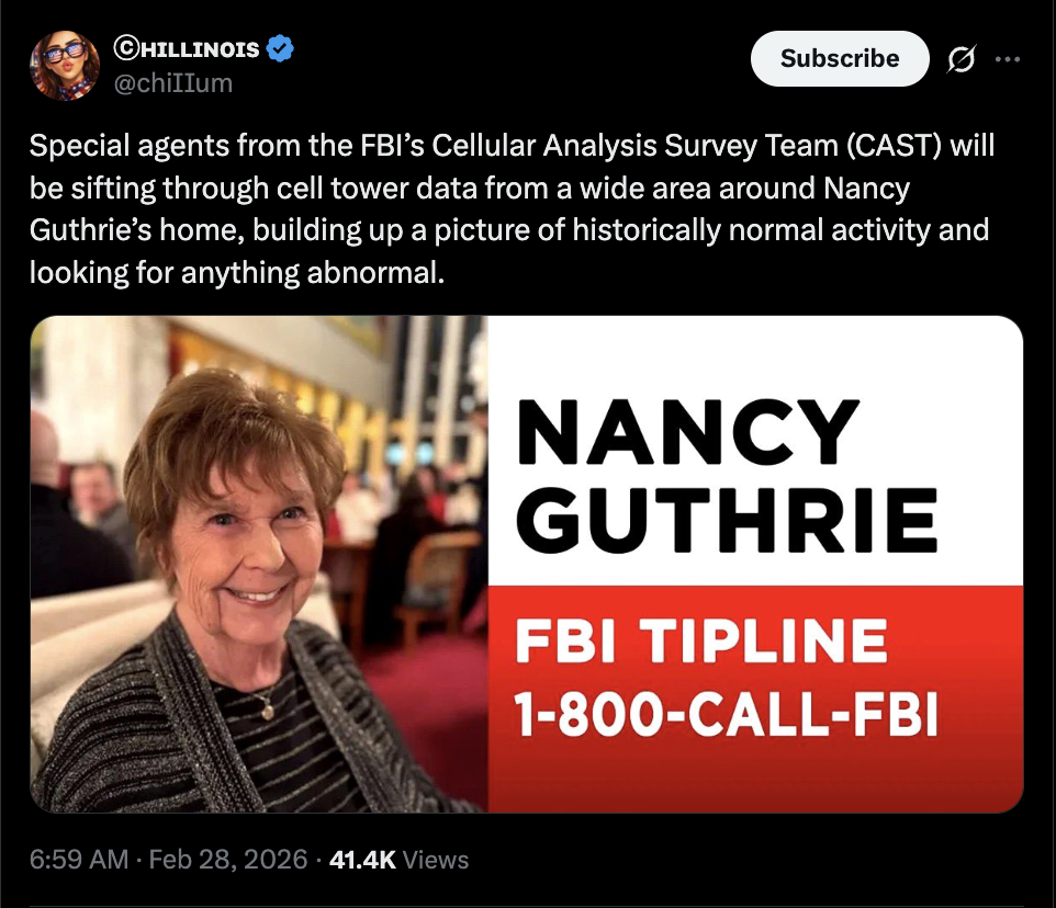 CAST will be sifting through cell tower data from a wide area around Nancy's home.
