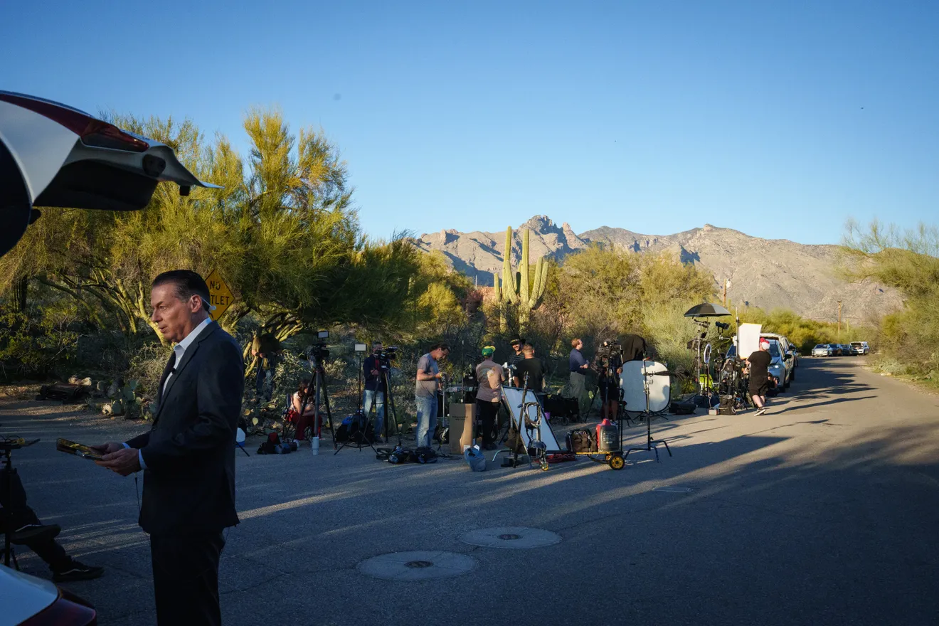 Media lines the street outside Nancy Guthrie’s home in Catalina Foothills, Ariz., on Feb. 10, 2026.