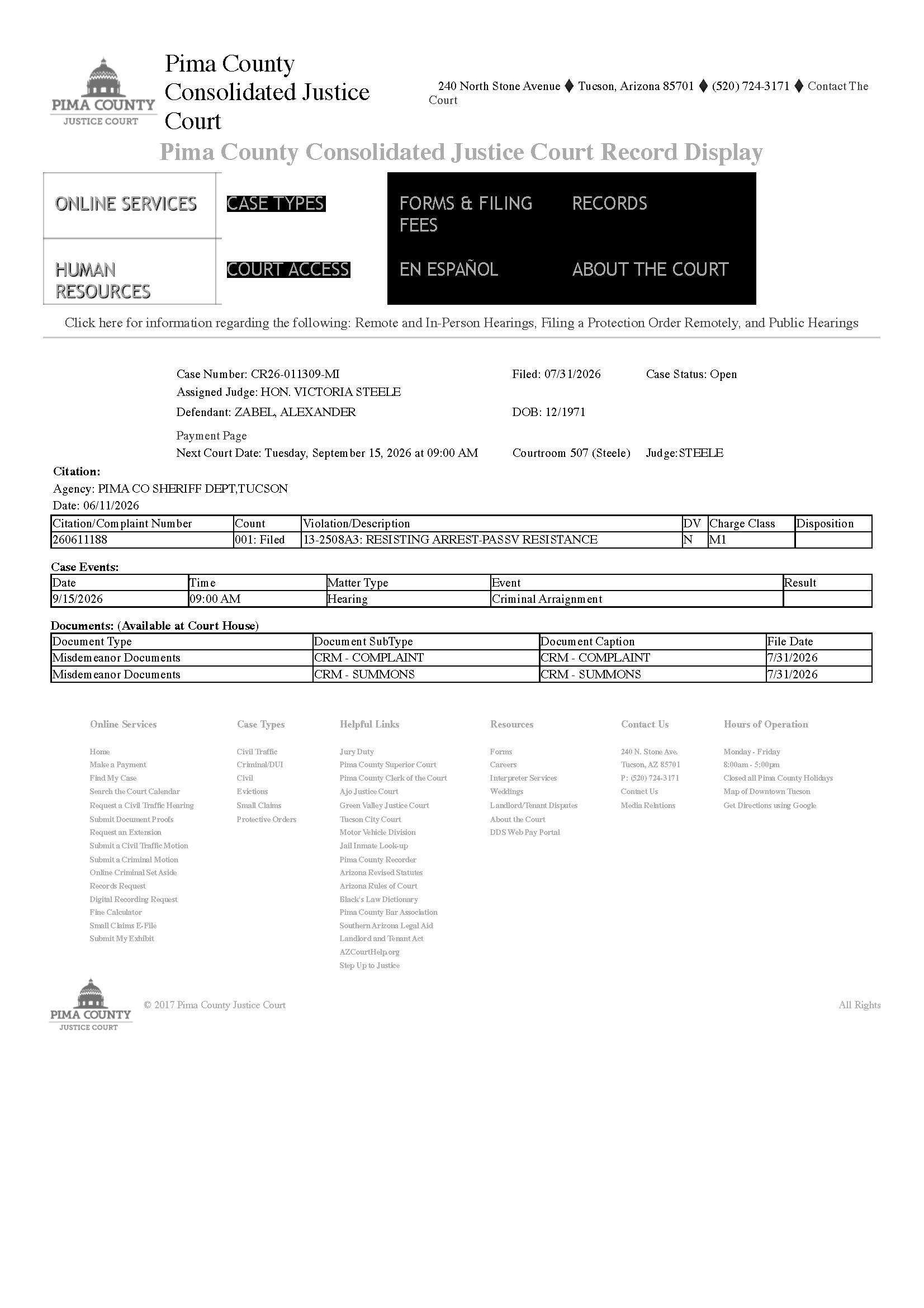 Zabel resisting arrest docket